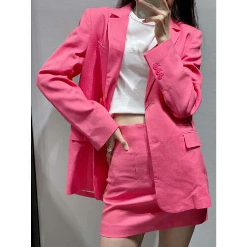 Women Blazer Jacket Mini Skirt 2 Pieses Single Breasted Temperament Spring Summer Pleated Skirts Stylish New Casual Pink
