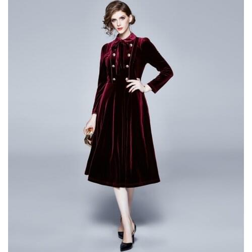 2020 Luxury Brand Double Breasted A-line Bow Tie Velvet Dress Women Fall Autumn Winter Vintage High Quality Ladies Long Dresses