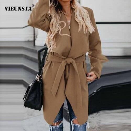 Women Elegant Lace-Up Belt Long Sleeve Coat Casual Fashion Slim All-Match Overcoat Fall/Winter New Lapel Solid Color Wool Jacket