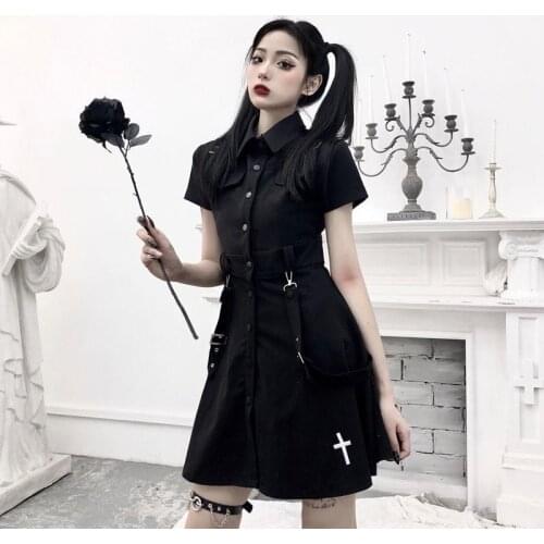Goth Dress Punk Gothic Harajuku Summer Black Mini Shirt Dress Women 2021 Short Sleeve Super Cool Sexy Short Dress Vestidos Y2k