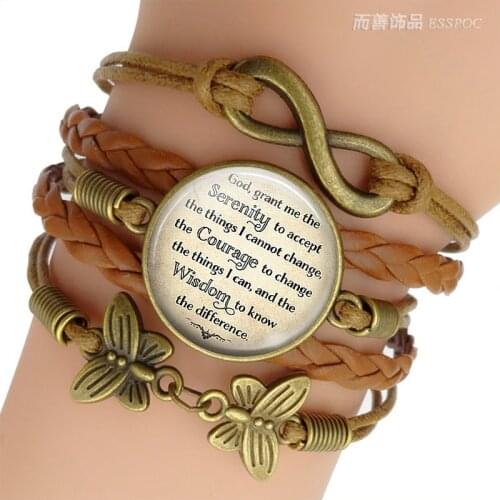 Serenity Prayer Quote Jewelry Glass Dome Cabochon Inspirational Combination Leather Vintage Bracelet Handmade Accessories Gift