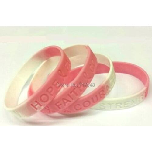100pcs Hope Faith Strength Courage Pink and White AWARENESS wristband silicone bracelets free shipping by epacket A