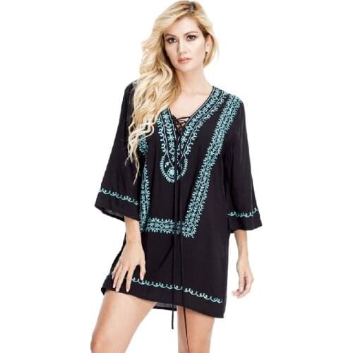 2021 Embroidery Cotton Bathing suit Cover ups Tunics for Beach Robe de Praia Swim suit Cover up Swimwear Women Beachwear #Q884