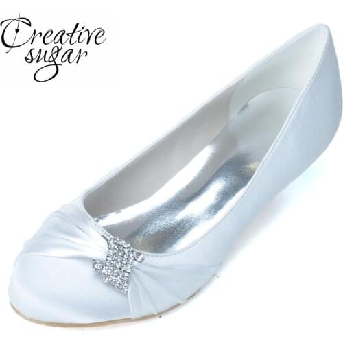 Creativesugar Elegant satin med low heel slip on shoes rhinestone know pumps for wedding party prom blue Champagne purple white