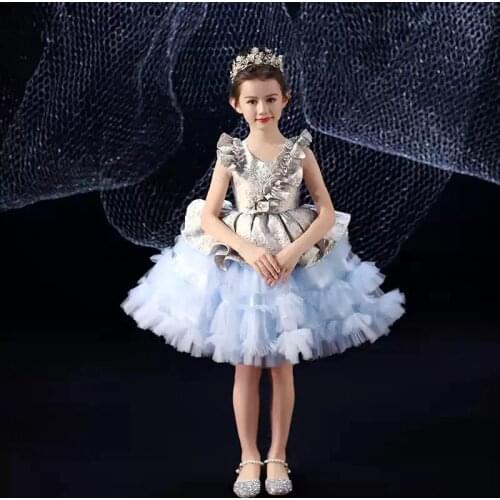 Flower Girl Dresses Illusion V-Neck Sleeveless Embroidery Princess Knee-Length Tulle Lace Luxury Sky Blue Kids Party Gown H521