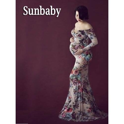 Sunbaby Elegant Fashion Long Bottom Floral Shoulderless maternity dresses photography clothes for pregnant women