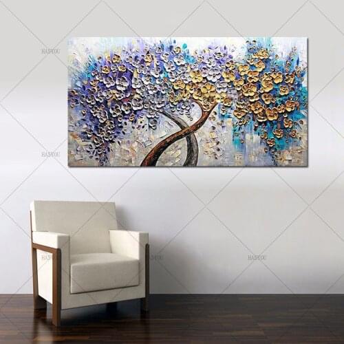 HandPainted Palette Knife Golden Flower Tree Oil Painting 1 Panel oil painting Wall Art picture On Canvas Decorative Home Decor