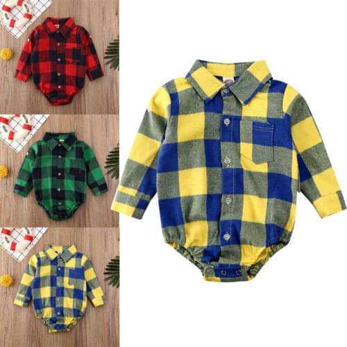 Pudcoco US Stock 0-24M 3Color Infant Baby Boys Girls Jumpsuit Long Sleeve Plaid Turn Down Collar Bodysuit Cotton Clothes Outfits
