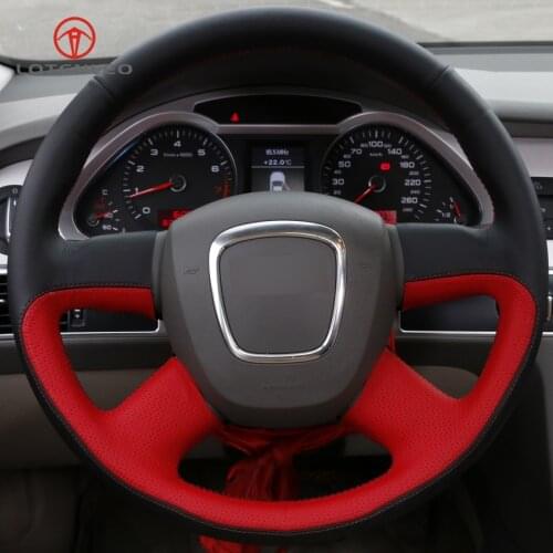 LQTENLEO DIY Car Steering Wheel Cover Black Red Leather for Audi A3 2006-2013 A8 S8 2006-2010 Q5 2008-2012 Q7 2005-2011