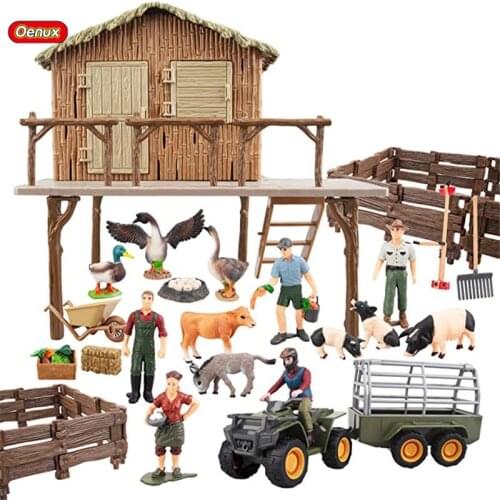 Oenux Simulation Farm Family Farmer Cow Hen Horse House Poultry Animals Model Action Figures PVC Cute Educational Kids Toy Gift