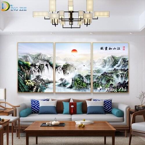 5D Diy Full Drill Art Diamond painting Triptych Chinese Style Traditional Landscape Pictures Mosaic Embroidery Cross Stitch Kit