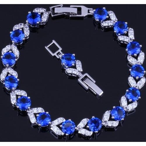 Fetching Round Blue Cubic Zirconia White CZ Silver Plated Link Chain Bracelet 18cm 20cm V0046