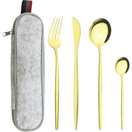 Dinnerware Set Mirror Gold Travel Camping Cutlery Set Knife Fork Teaspoon With Portable Grey Bag Stainless Steel Tableware Set