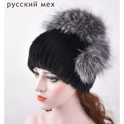 Natural Fur Beanie Hat for Women Winter Luxury Fox Fur Top Hat Beanies Thicken Knitting Lined Female Newest Hats Cap