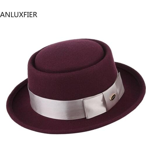 H7209 Winter New Wool Fedoras Hat Neutral British Ribbon Bowknot Gentlemans Fedora Cap Women Male Short Eave Church Party Hats