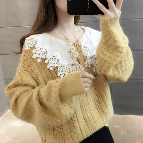 Autumn Winter Fashion Lace Splicing Collar Knitting Sweater Women Pullover Short Pullover Loose Long Sleeve Knitted Tops Female