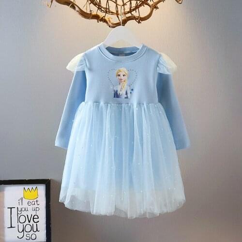 Disney Girls Frozen Dress Long Sleeve Elsa Princess Dresses Lace Mesh Prom Dress Snow Queen Children Wedding Party Kids Clothes