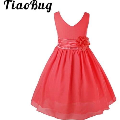 TiaoBug 2-14Y V-neck Summer Chiffon Party Flower Girls Dress Ball Gown Princess Keen-Length Formal Dress for Wedding Bridesbaid
