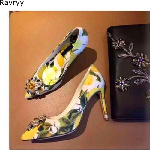 Luxury Crystal womans high heels daisy flower print female dress shoes rhinestone sexy pumps pointed toe stiletto single shoes