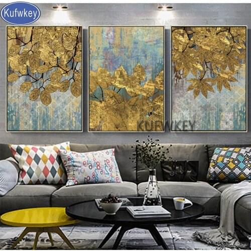 Contemporary Art Golden Tree Leaf diamond embroidery 3 Piece 5d diy handcraft diamond painting full square mosaic set Triptych