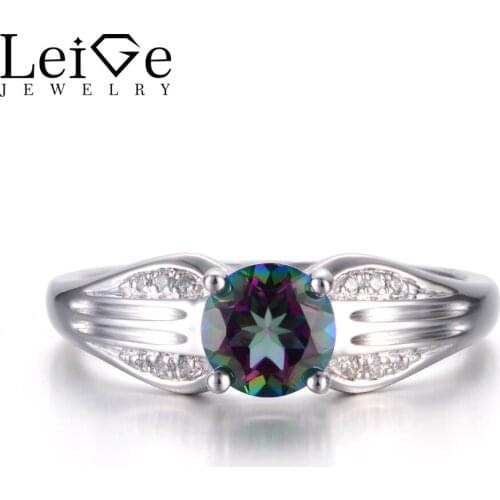 Leige Jewelry Mystic Topaz Rings Rainbow Topaz Ring Rings Round Cut Rainbow Gemstone 925 Sterling Silver Fine Jewelry for Girls