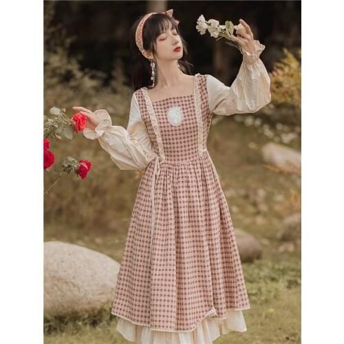 Vintage Chinese Style Plaid Dress Mori Girl Square Collar Petal Sleeve Prairie Chic Women Retro Vestidos Faldas Autumn Spring