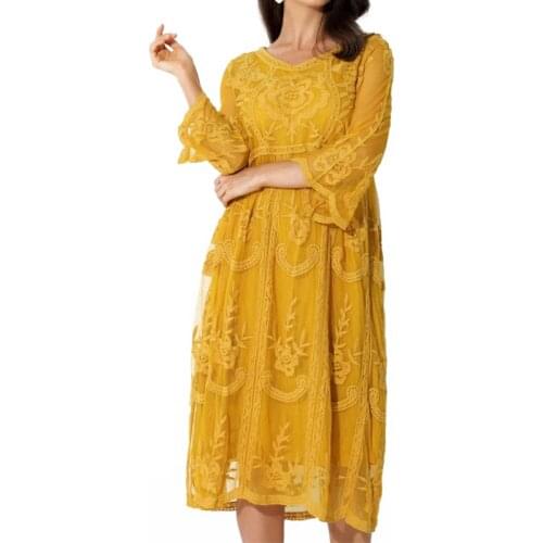 Yitonglian Double Lace Floral 3/4 Sleeve Boho Vintage Style Long Dress Vestidos Mujer Verano