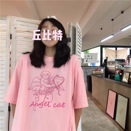 Art Aesthetic Cute Cupid Angel Print Women Summer Tops Cartoon Harajuku Goth Loose Pink E-Girl Y2K Ulzzang Vintage Women T-shirt