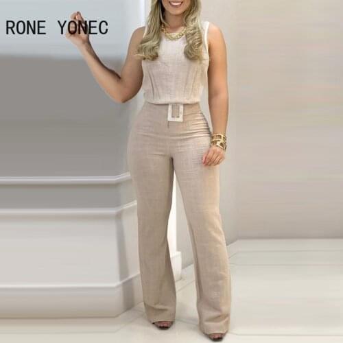 Women Sleeveless Plain O-Neck Top & Pants Set With Belt Women Casual Suits