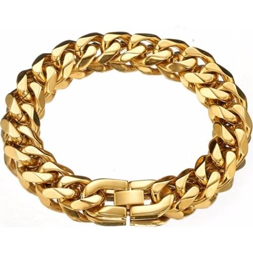 13/15mm Gold Color Stainless Steel Curb Chain Bracelet For Men 7-10 Inches Option Fashion Cuban Link Chain Bangle