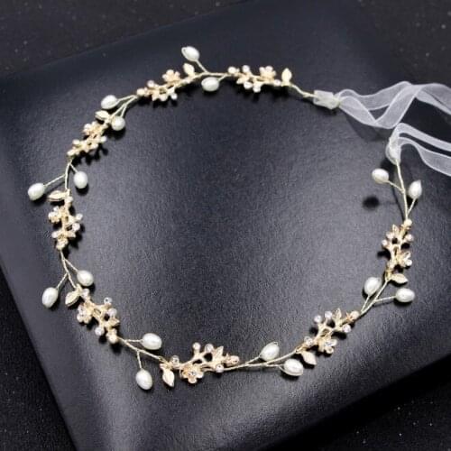Antique Gold Handmade Ribbon Rhinestone Crystal Pearls Leaf Bridal Wedding Tiara Headband Headpiece Hair accessories