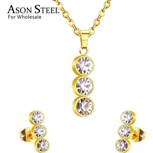 ASONSTEEL 316L Stainless Steel Zircon Gold Bridal Wedding Jewelry Sets for Women 2019 Necklace Pendant Drop Earrings African Set