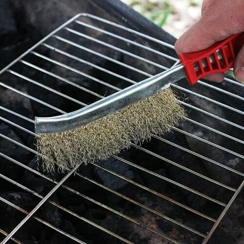 BBQ Grill Cleaning Brush Copper Plating Derusting Brush Barbecue Mesh Cleaning Accessories Red Plastic Handle Steel Wire Brush