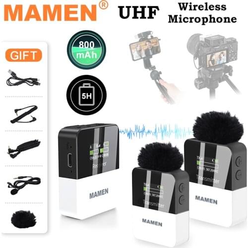 MAMEN Mini UHF Wireless Lavalier Microphone System with 800mAh Battery 50m Pickup for DSLR Camera Phone Vlog Interview Recording