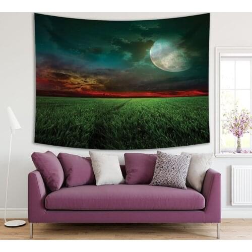 Tapestry Colorful Landscape with Summer Wheat Field Cloudy Sky and Super Moon Night Nature Scenery Green Red Blue