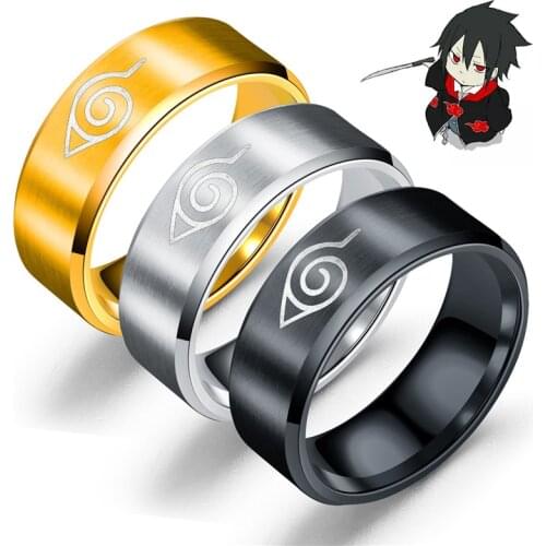 Naruto Ring Cosplay Accessories Black Gold Silver Konohagakurenosato Logo Metal Rings Jewelry