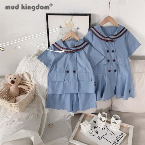 Mudkingdom Kids Sets Dress for Boys Girls Sailor Collar Short Sleeve T-shirts Tops Solid Shorts College Style Sets Kids Outfits