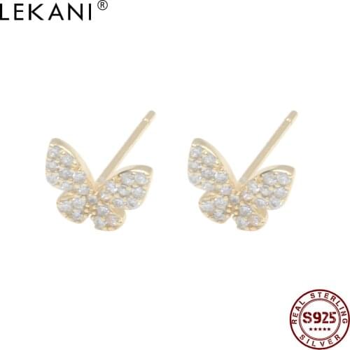 LEKANI 925 Sterling Silver Spakling Butterfly Stud Earrings For Women Full Zircon Gold Color Earings Anti Allergy Jewelry Gift