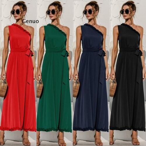 Summer Womens Dresses Fashion New Sexy Slant Shoulder Solid Color Black Ruffle High Waist Bandage Dress A-line Slim Female