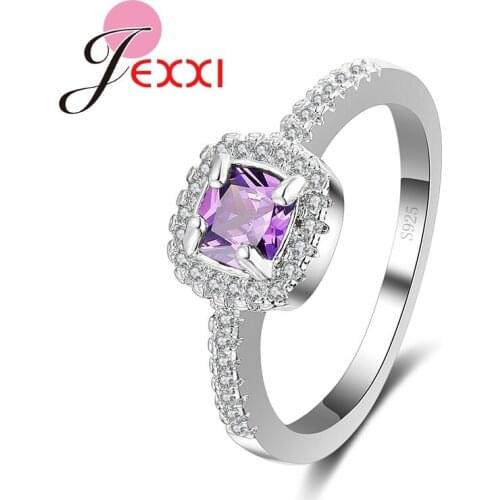 Fashion Bridal Wedding Jewelry 925 Sterling Silver Square Purple Crystal Cubic Zirconia Woman Party Finger Rings