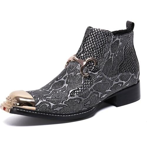 Winter Casual New Mens Classic Fashion Shoes Personality Metal Chain Pointed Toe Cowhide Leather Crocodile Pattern Mens Boots