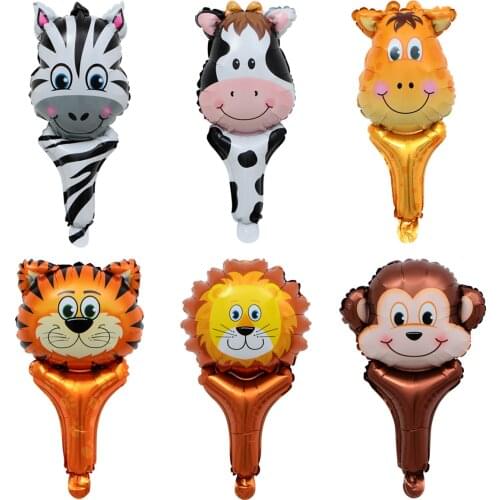 6pcs Animal Head Handheld Foil Balloons Kids Birthday Theme Jungle Safari Zoo Party Balls Inflatable Toys Baby Shower Gifts