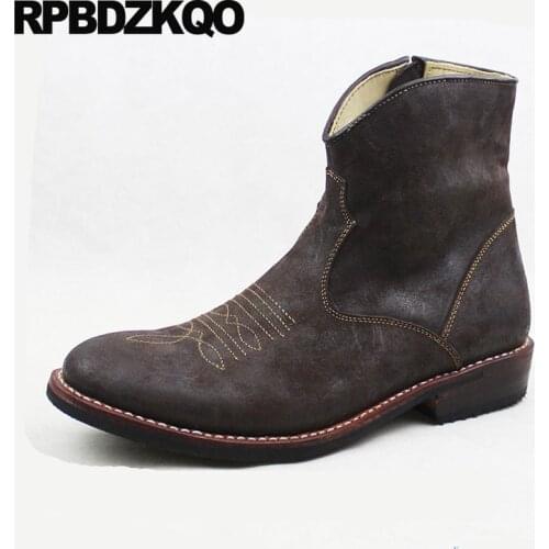 Chunky Western Cowboy Boots Mens Genuine Leather Ankle Big Size Plus Cowgirl Full Grain Luxury Shoes Autumn 2018 Vintage Zipper