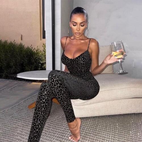 CHRONSTYLE Leopard Print Skinny Mesh Jumpsuits Women Sexy Sleeveless Strap Low Cut Backless Bodycon Rompers Clubwear Overalls