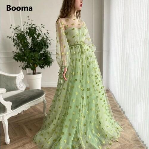 Booma Fairy Green Hearty Tulle Prom Dresses Long Sleeves Sheer Neckline A-Line Prom Gowns Ribbon Sashes Formal Party Dresses