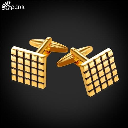 Luxury gold color engraved metal check cufflinks for mens suit shirts cuff link button with brand box C2297G