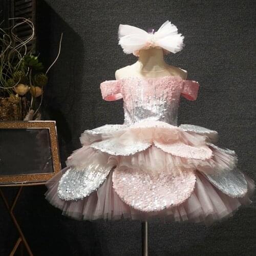 Pink Sequins Baby Girls Dresses Off the Shoulder Knee Length Lace Up Back Pageant Gowns Party Dress