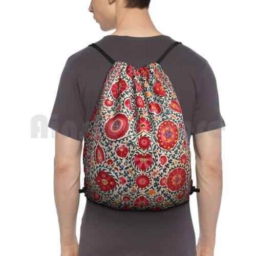 Kermina Suzani Uzbekistan Embroidery Print Backpack Drawstring Bag Riding Climbing Gym Bag Vintage Vintage Rug Carpet