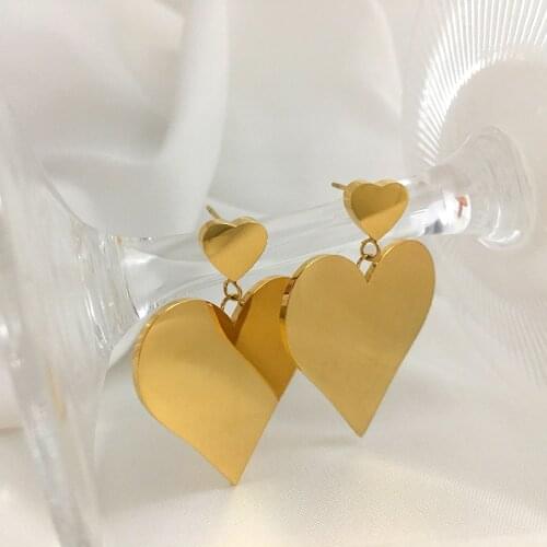 Monlansher Large Geometric Heart Drop Earrings Gold Color Titanium Steel Double Heart Drop Earrings Minimalist Earrings Jewelry