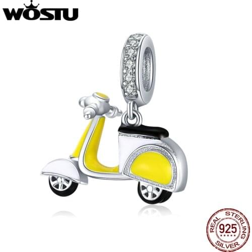 WOSTU 925 Sterling Silver Lovely Yellow Motorcycle Charms Bead Fit Original Bracelet Pendant For Women Necklace Jewelry CTC136